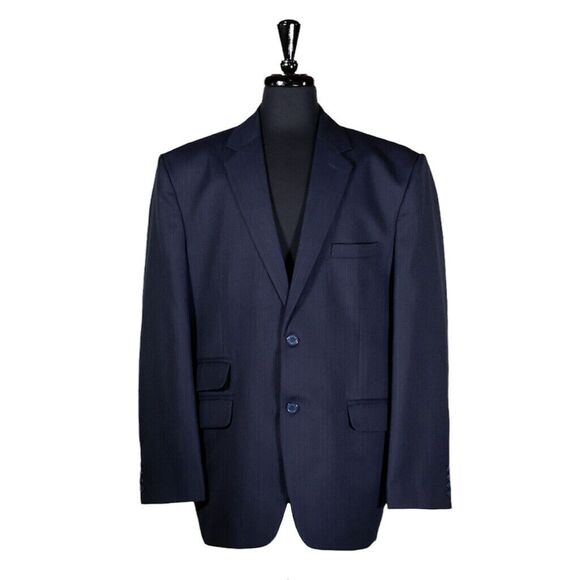 Mens Blazer Striped Herringbone Wool Blue Business Casual Jacket Sport Coat 48R